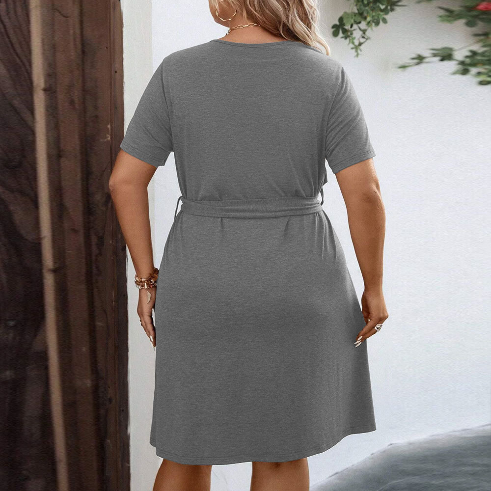 Spring/summer New Plus Size Womens V-neck Waistband Cinched A-line Skirt Short Sleeved Temperament Dress