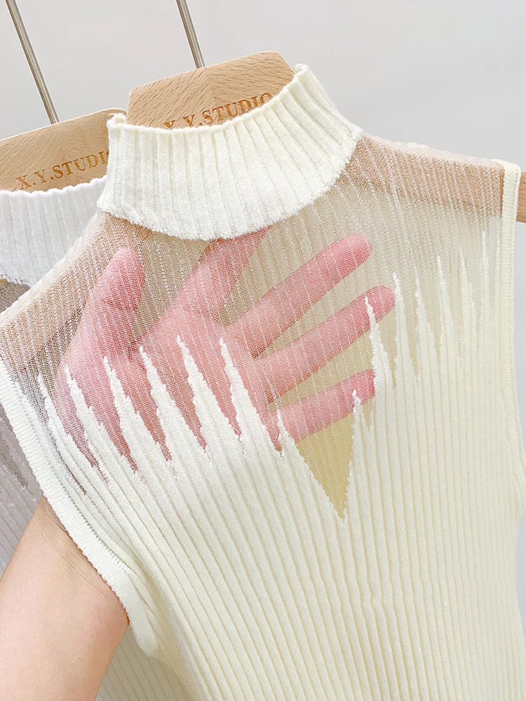 Mesh Knitted Top Women Y2K Tank Half Neck Vest Female Sleeveless Sweater Chic Cut Out Streetwear Solid Skinny Tube 250506