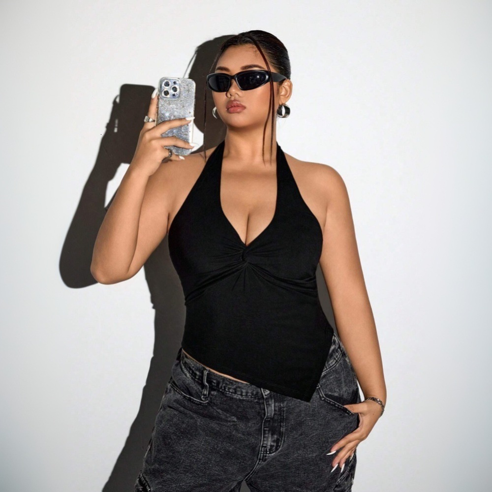 2025 Plus Size Womens Sexy Hanging Neck T-shirt for Spring and Summer Backless Design V-neck Short Top