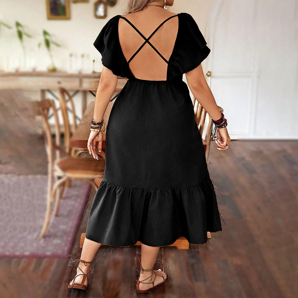 Spring Black Temperament French Knee Length Skirt with Ruffled Edges Short Sleeved Square Neck Slim Fit Backless Dress