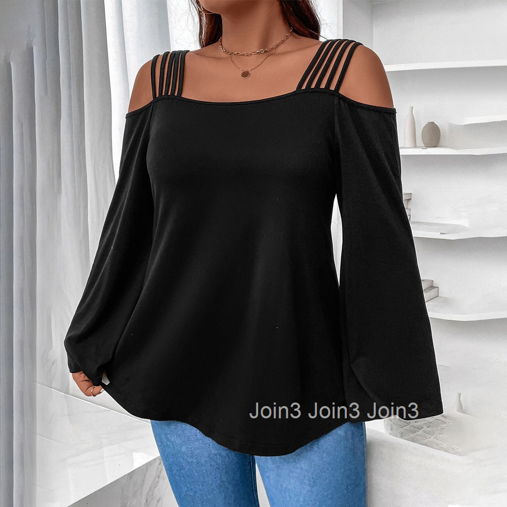 Large Size Womens Solid Color Intellectual Style T-shirt Versatile for Autumn and Winter Loose and Slimming Off Shoulder Camisole Top