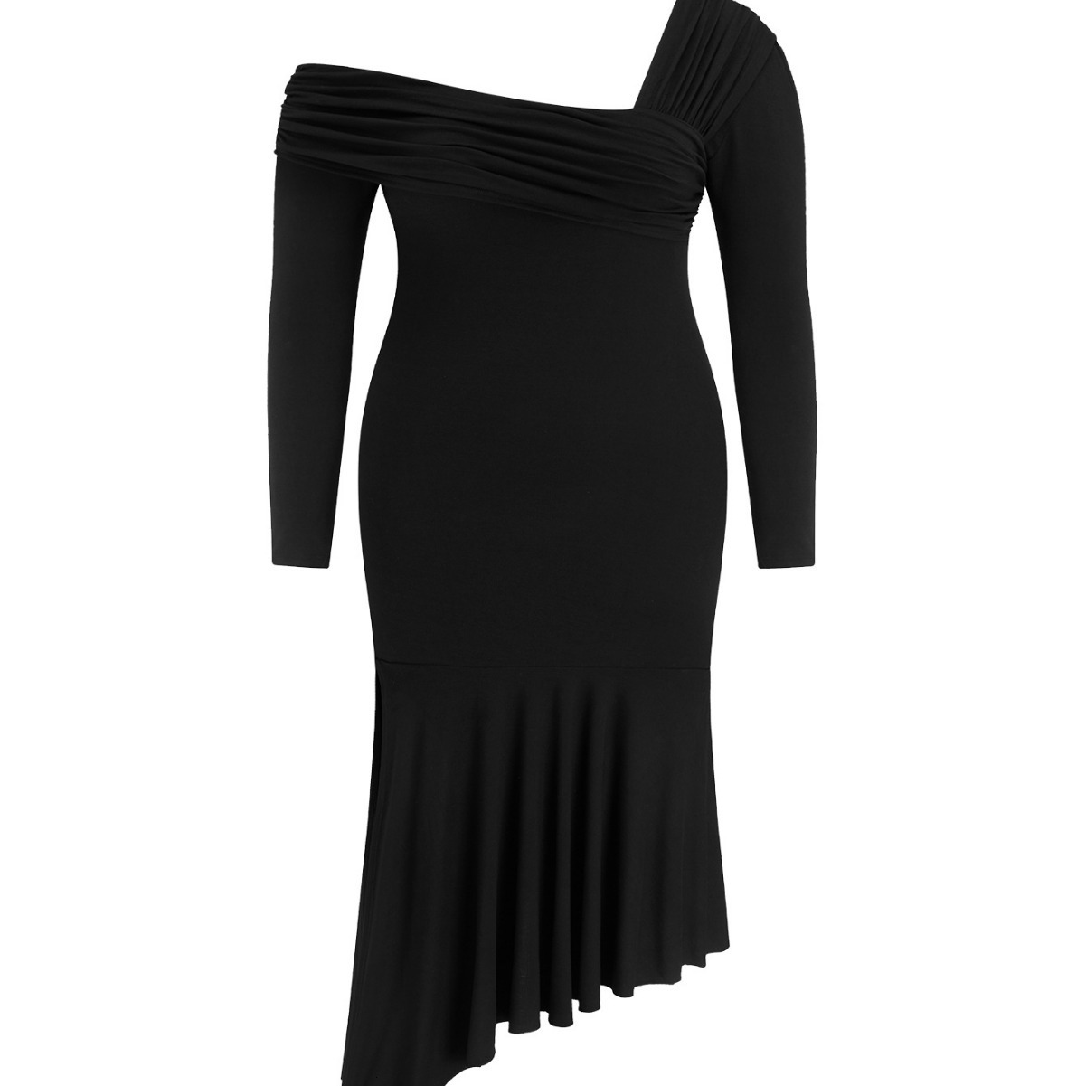 Large Size Womens Dress with a Socialite Style Design Autumn and Winter Slanted Collar Off Shoulder Slit Mid Length Skirt