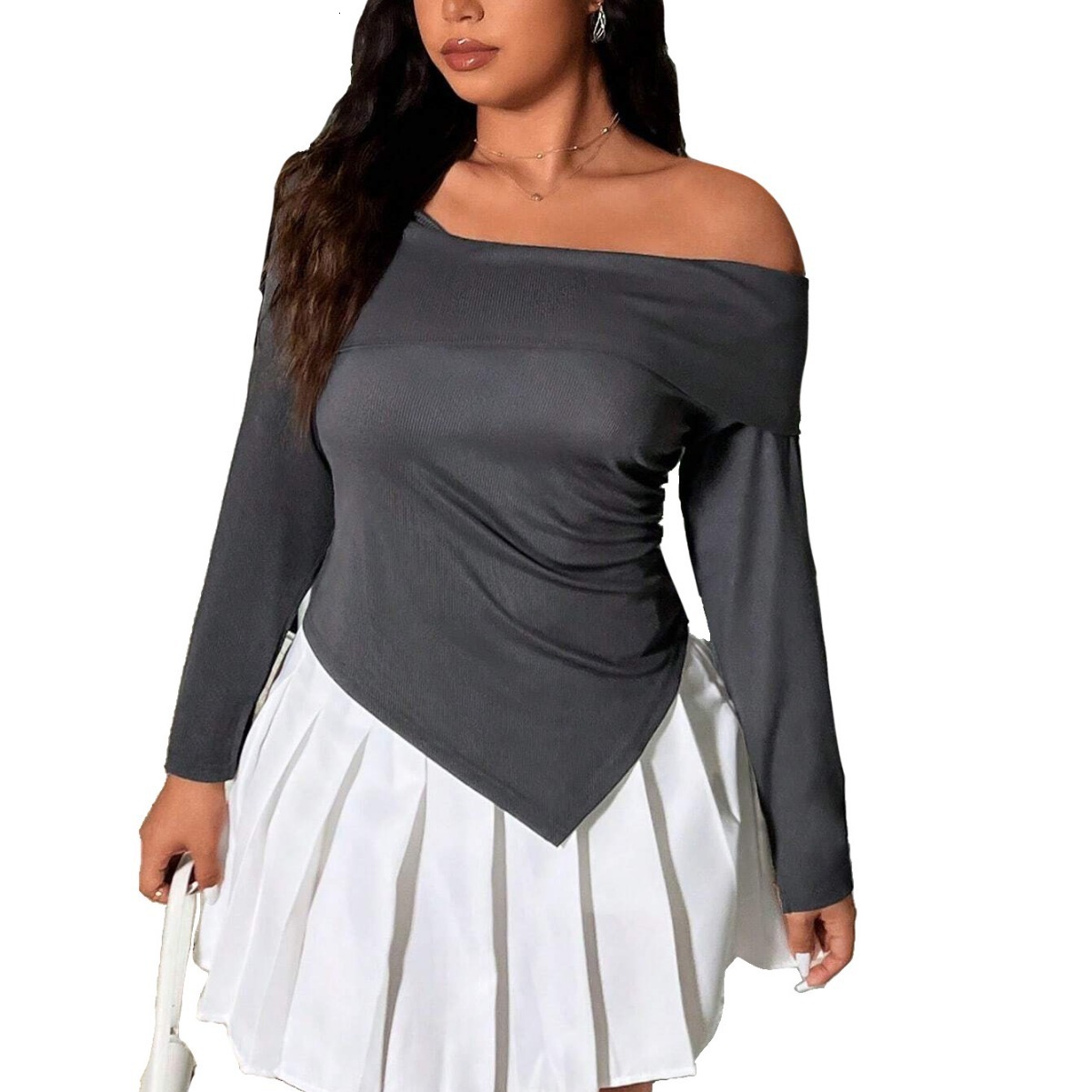 Large Size Womens Mature Pure Desire T-shirt Autumn and Winter Off Shoulder Sexy Design Short Top