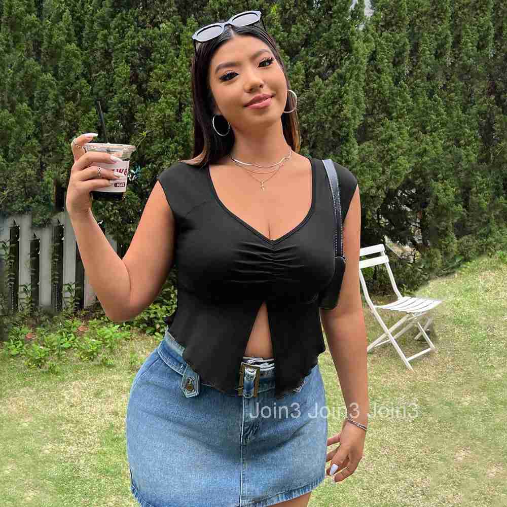 Large Size Womens Sexy Low Cut T-shirt Summer New Knitted Sleeveless Top