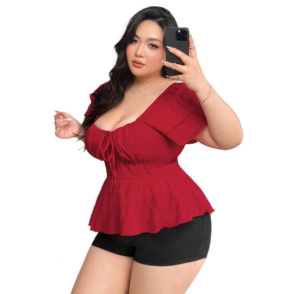 Large Size Womens Sexy Square Neck T-shirt Summer Big Red Sweet and Spicy Waist Cinching Top
