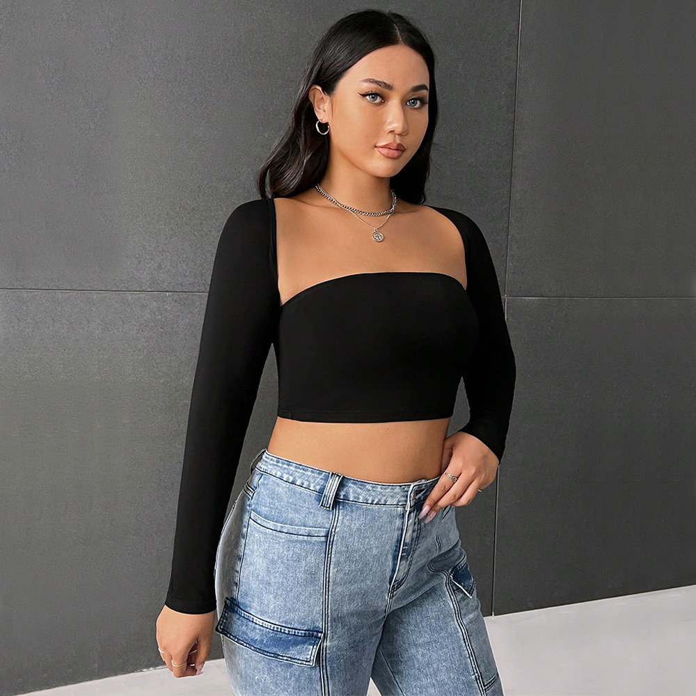 Ins Plus Size Womens Clothing Temperament Street Photography Versatile Slimming Long Sleeved Top Strapless T-shirt Base Shirt