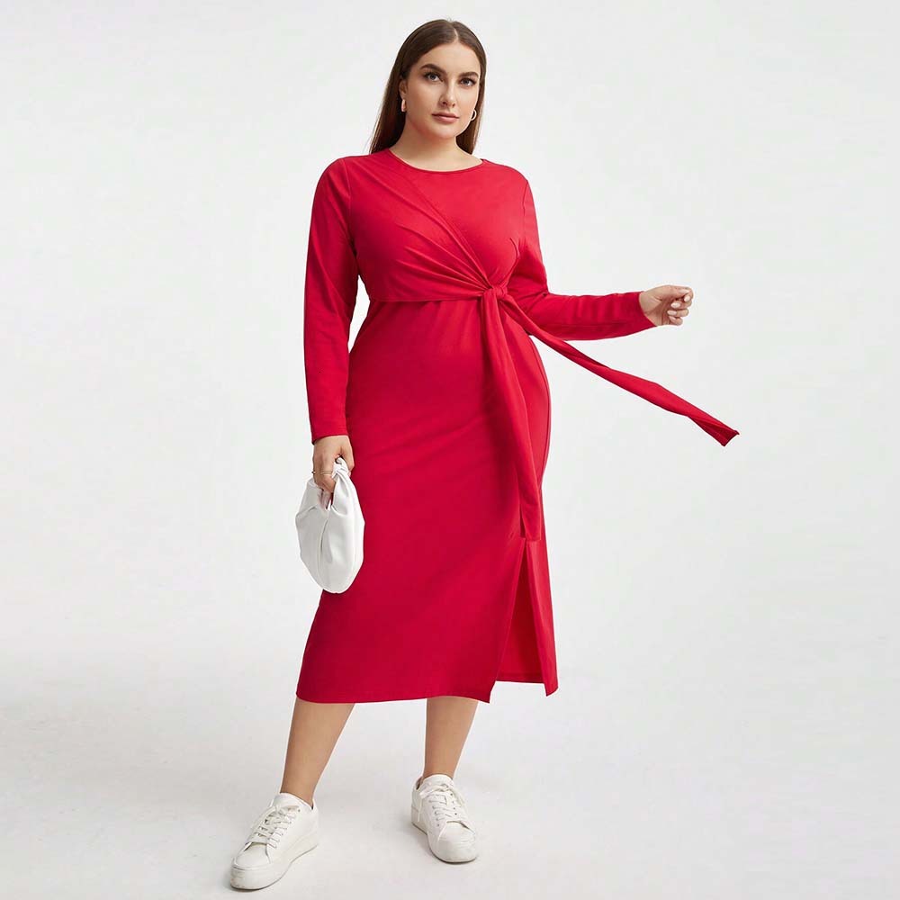 Plus Size Womens Elegant Style Autumn and Winter High Waisted Lace Up Hip Hugging Long Skirt Long Sleeved Dress