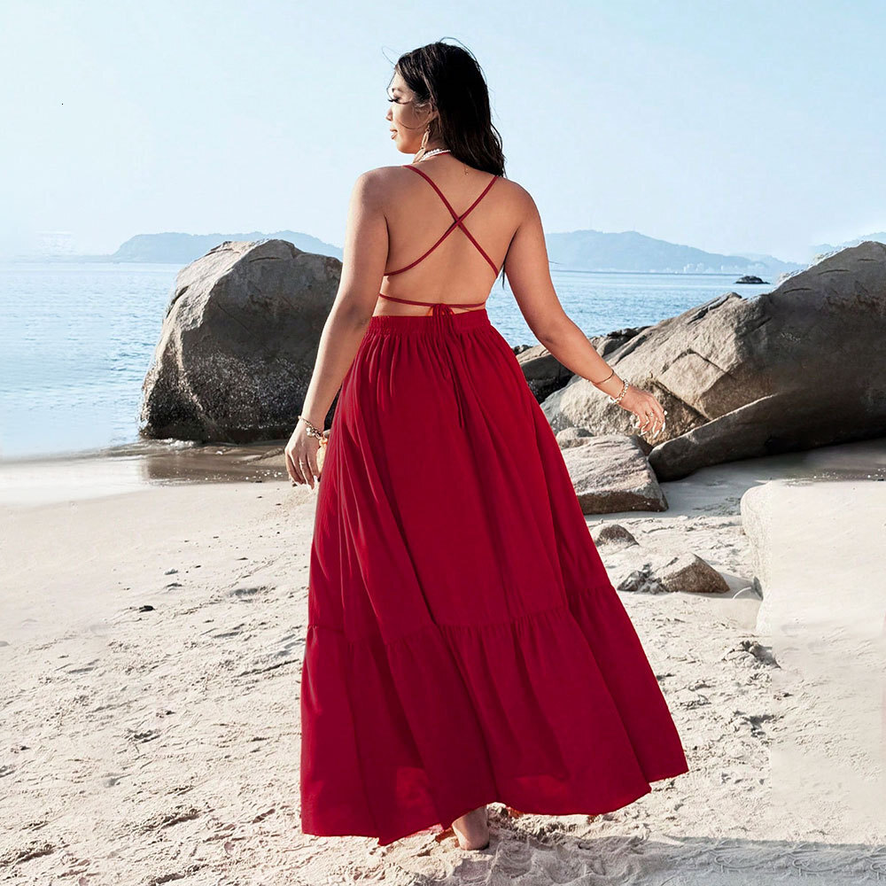 Large Size Womens Beach Resort Camisole Dress Summer V-neck Backless Beach Long Dress