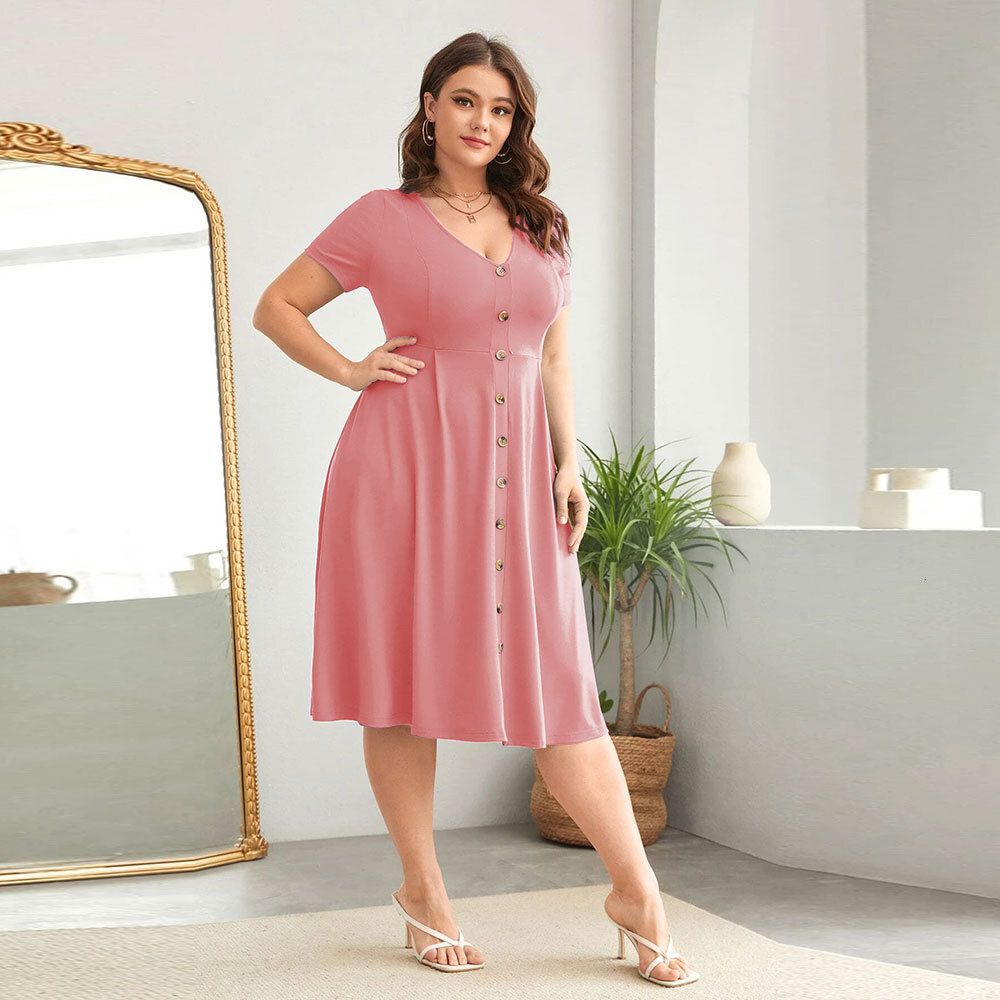 Spring/summer New Plus Size Womens V-neck Waist Cinching and Swinging Temperament Commuting Short Sleeved Dress