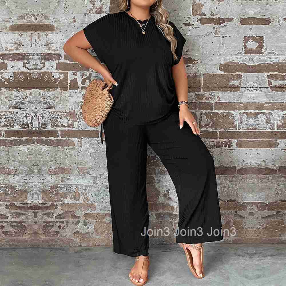New Plus Size Womens Round Neck Loose Casual Short Sleeved T-shirt Elastic Wide Leg Pants Two-piece Set