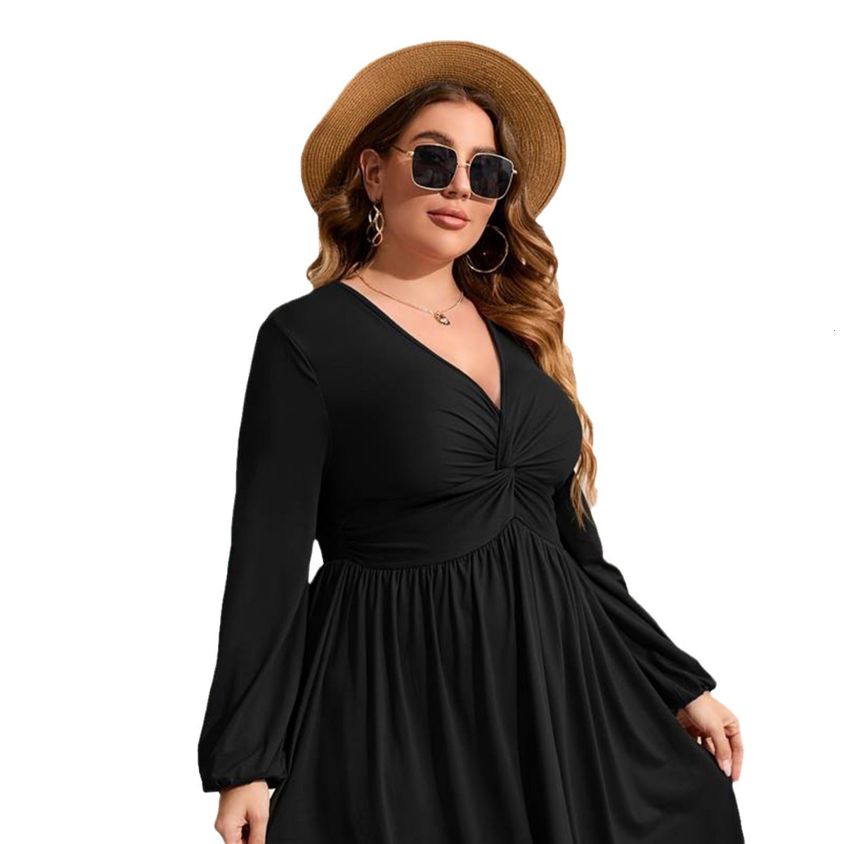 Autumn and Winter Plus Size Womens Clothing Elegant Style V-neck Dress Vacation Style Mid Skirt