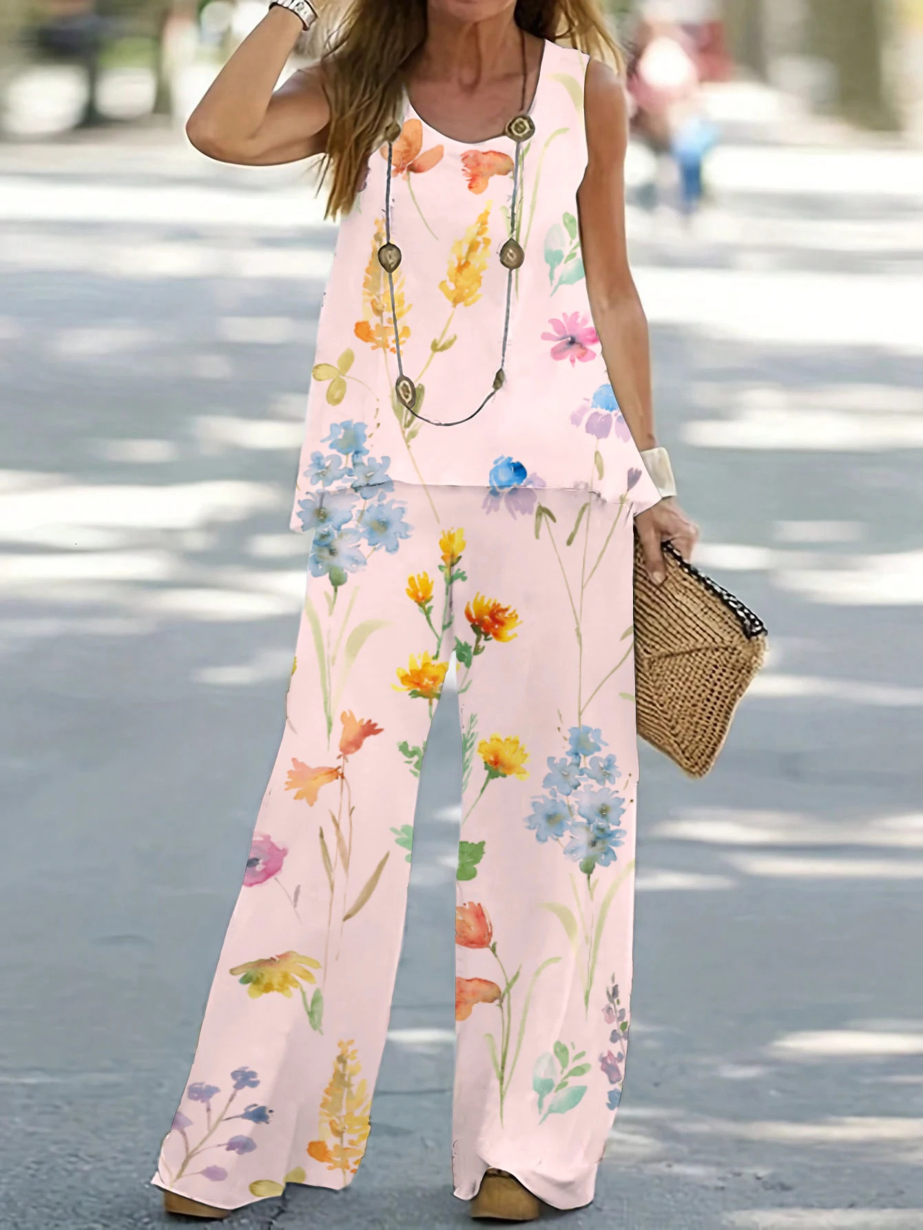 1XL8XL Plus Size Womens Casual Outfits Two Piece Set Solid Round Neck Tank Top Wide Leg Pants 2 250513Z