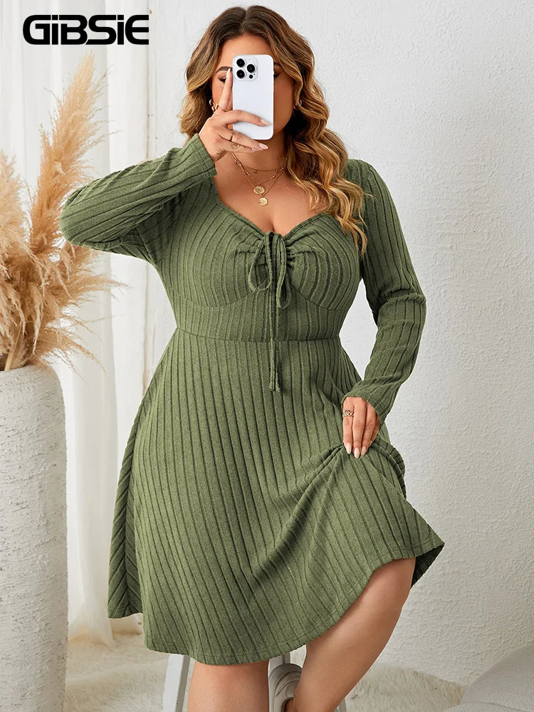 GIBSIE Plus Size Sweettheart Neck Knot Front A-Line Dress Women Fall Vintage Long Sleeve Ribbed Knit Casual Winter Dresses 250515