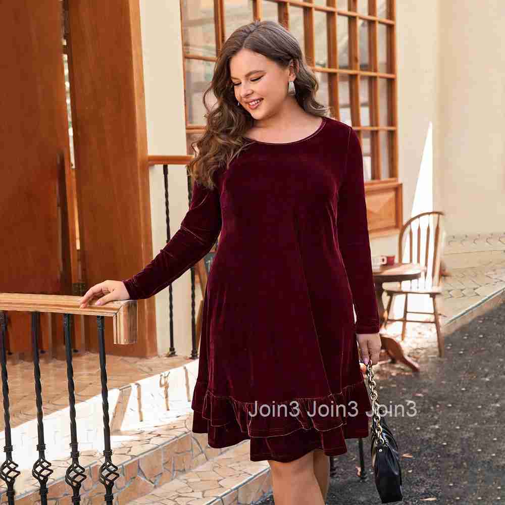 Autumn/winter New Large Womens Elegant Velvet Dress Round Neck Loose Waist Short Skirt