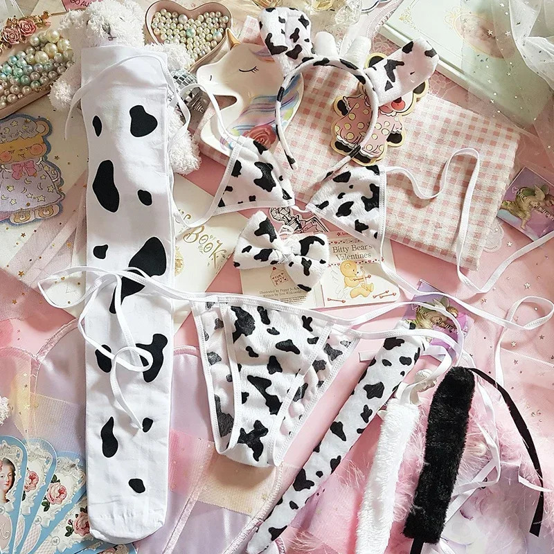 Women Cosplay lingerie underwear Lolita Bra and Panty Set Japanese Anime COS Flannel Cute Sexy Cow Lace Up Bandage Bikini Bras 250515