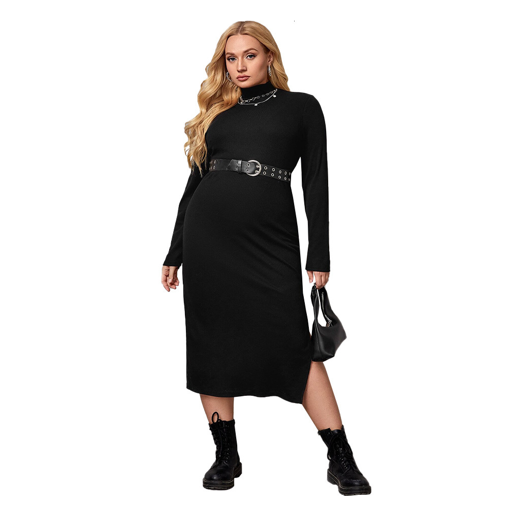 Plus Size Womens Ladies Intellectual Style Dress Autumn and Winter High Neck Base Mid Length Skirt