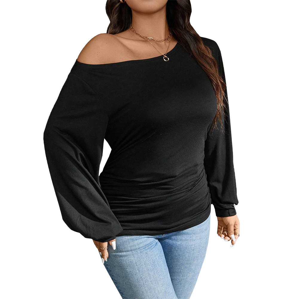 Large Size Womens Mature Pure Desire T-shirt Autumn and Winter Sloping Collar Off Shoulder Design Top