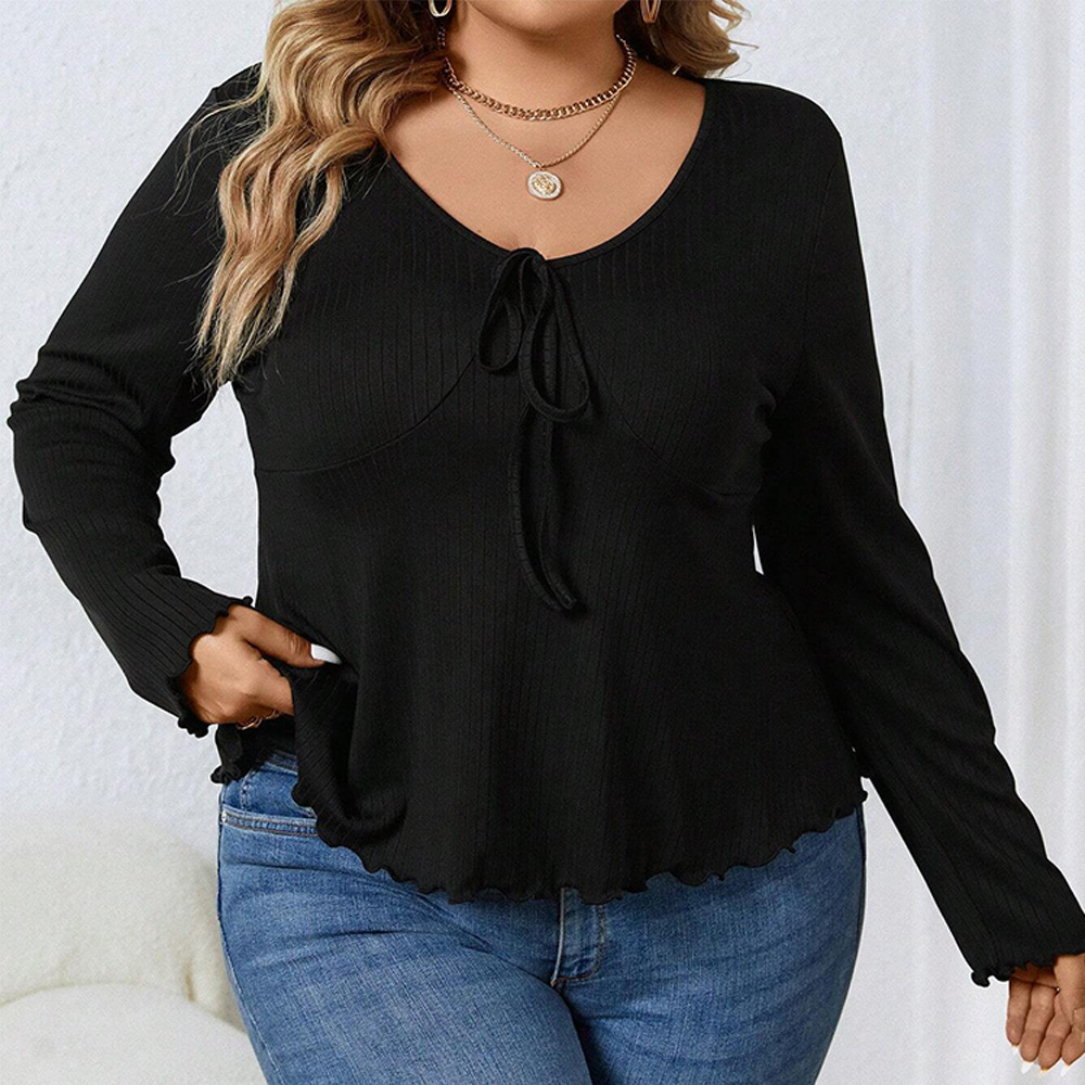Oversized Womens Clothing Autumn and Winter New Item V-neck Waist Cinched Casual Knitted Solid Color Long Sleeved T-shirt Top