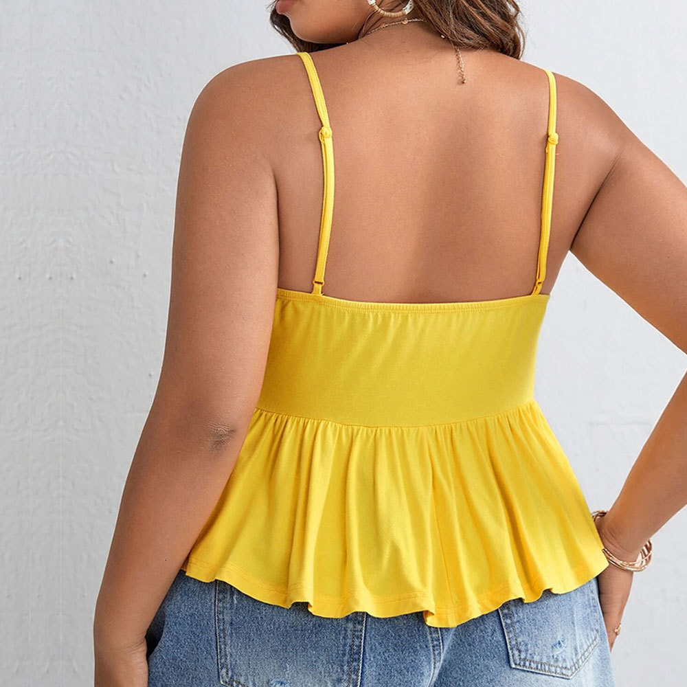 Summer New Plus Size Womens Waist Cinched Ruffle Edge Sexy Backless Straight Neck Tank Top