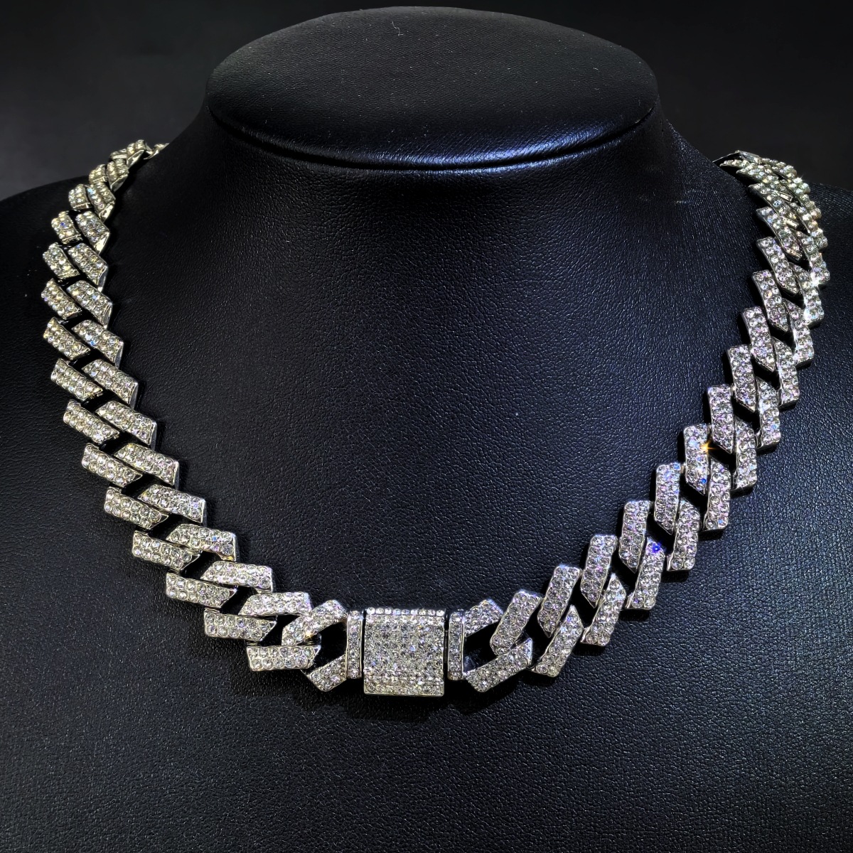 New 15mm Cuban Chain with Diamond Full Pave Hip Hop Necklace, Heavy Duty Gold/Silver Plated Cross-Border Jewelry