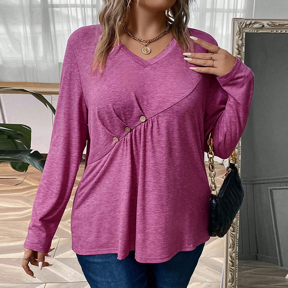 Large Size Womens French V-neck Long Sleeved T-shirt with a Cinched Waist and Short Base Pleated and Slim Fit Top