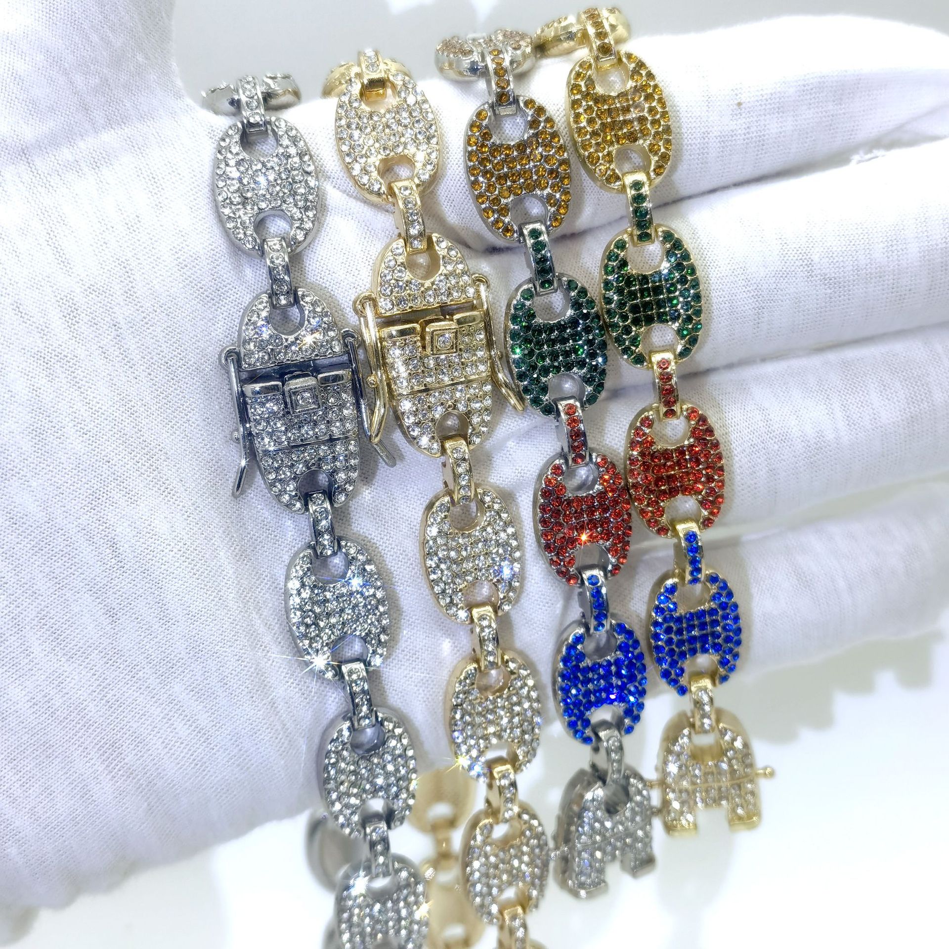 New Hip Hop Iced Out Coffee Bean Link Chain Necklace and Bracelet Set for Men Women Bling Jewelry with Buckle Lock Design Wholesale