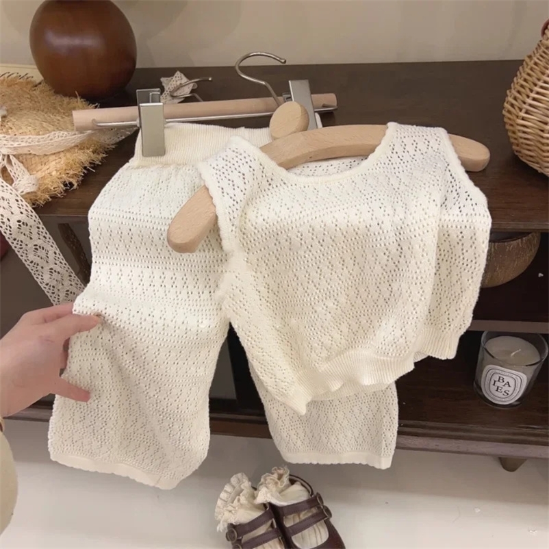 Girls Clothing Sets Summer Korean Thin Knitted Girl Set Children Hollow Breathable Vest Wide Leg Pants Two-piece Suit 250515