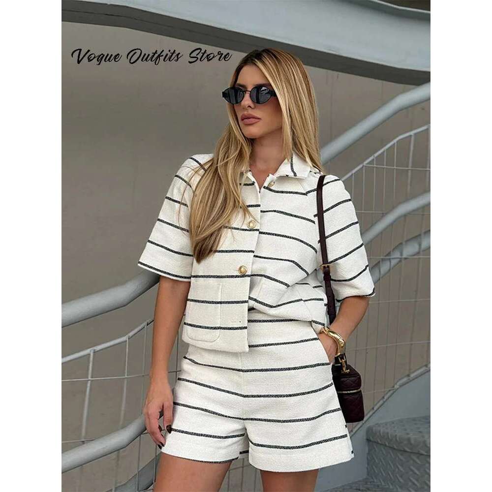 Casual Striped Women Set Lapel Single Breasted Half Sleeve Tops Pockets Mini Shorts Outfit Summer Fashion Lady Sets