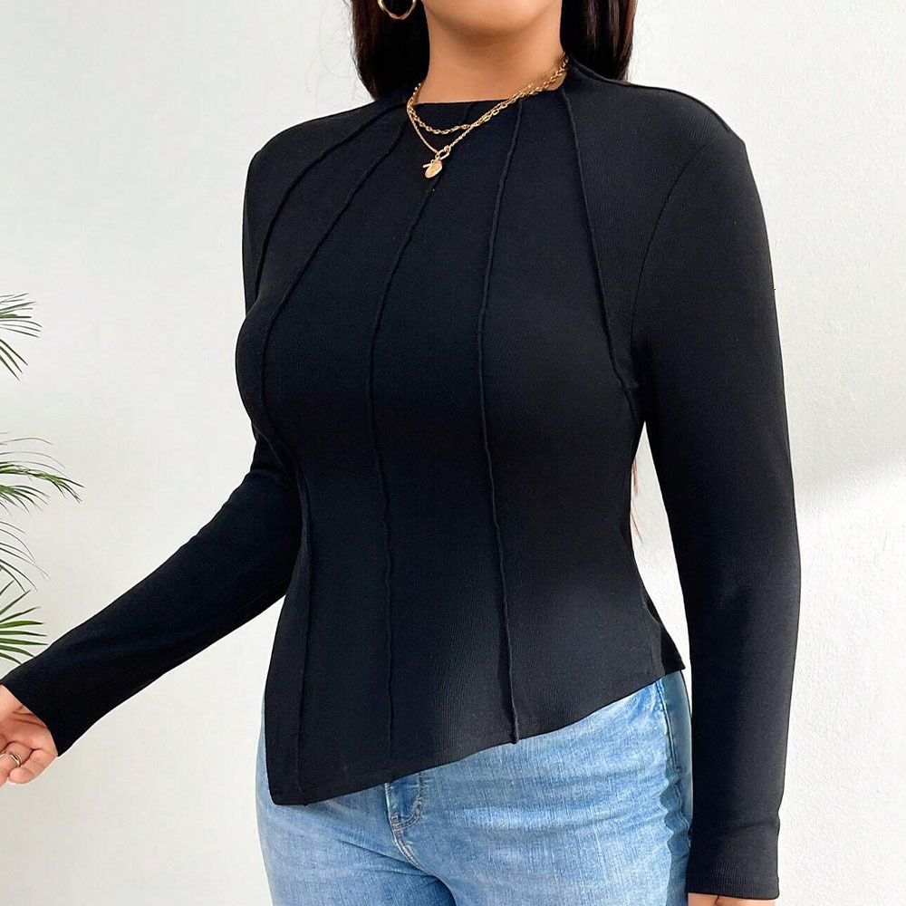 Plus Size Womens Autumn and Winter New Collection Simple and Trendy Design T-shirt Slim Fit Long Sleeved Top