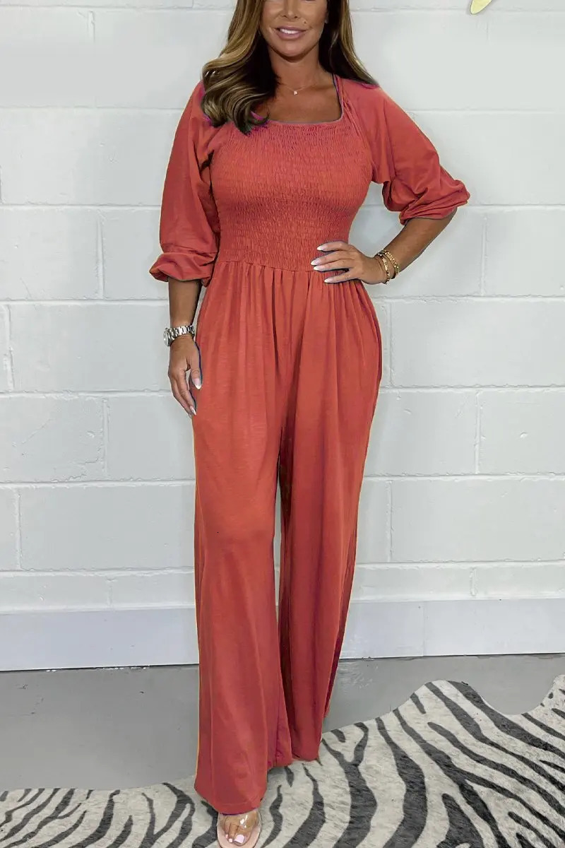 Plus size womens jumpsuit casual fashion solid color pile sleeve jumpsuit pants plus size womens clothing 250515