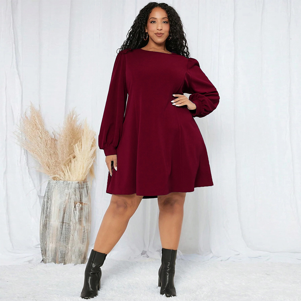 Large Size Womens Clothing Autumn and Winter New Collection Waist Cinching Large Skirt Round Neck Long Sleeved Fashionable Temperament Dress