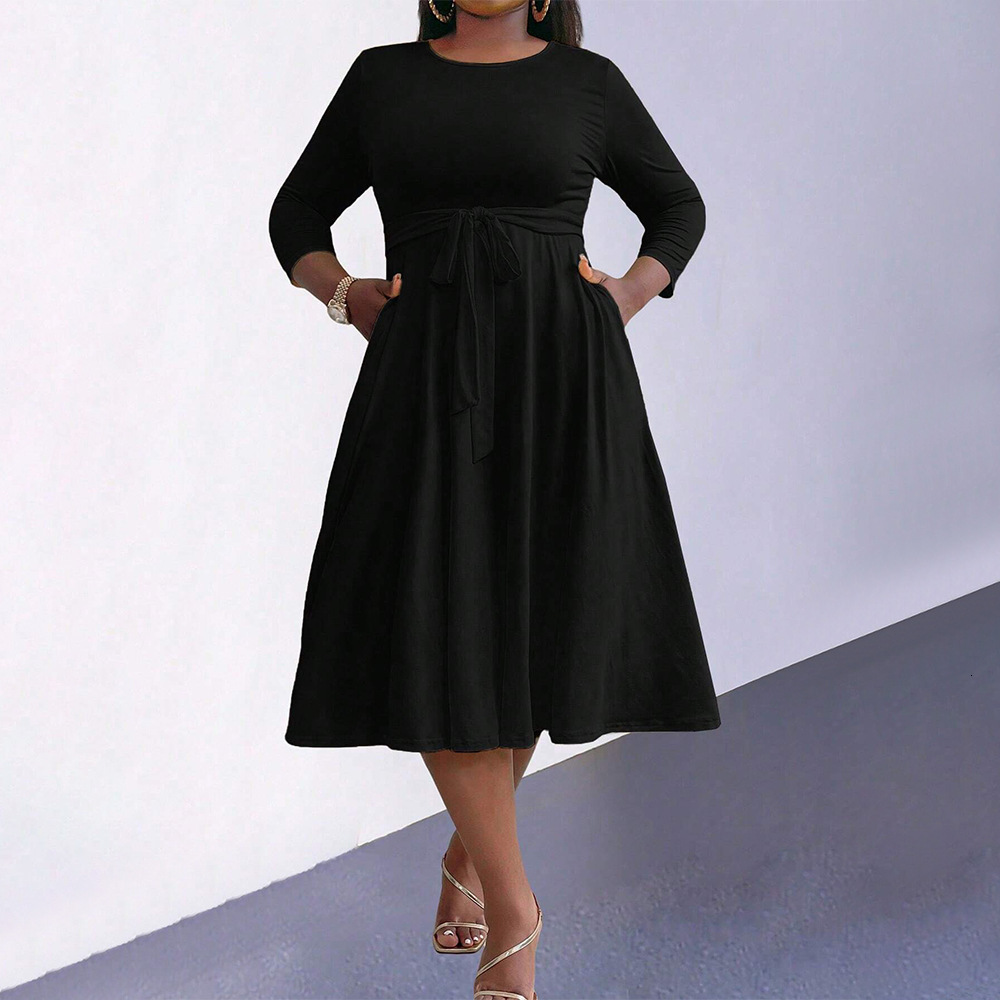 Plus Size Womens Round Neck Simple Style Dress for Autumn and Winter Fashion Reducing Age High Waist Strap Mid Length Skirt