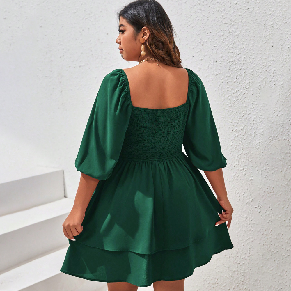Large Size Womens Square Neck Flared Sleeve Dress with Sweet and Elegant Summer Style A-line Green Short Skirt