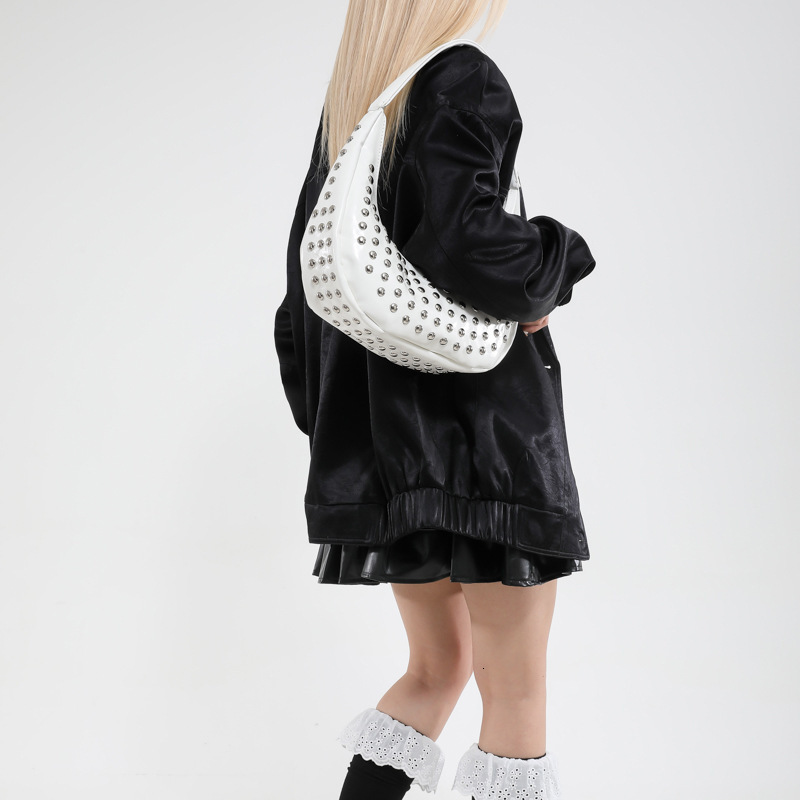 New punk style round rivet inlaid luxury bucket bag new women's underarm designer shoulder bag single shoulder crescent bag versatile commuting u