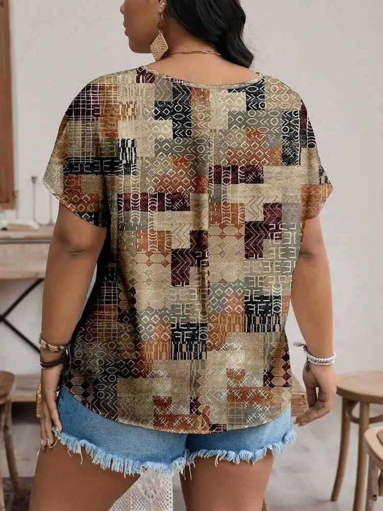 2024 SpringSummer Womens plus size Fashion Printed Round Neck Top Large Tshirt 250514