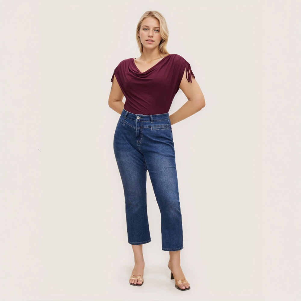 2025plus Size Womens Elegant T-shirt for Spring and Summer New Wine Red Pleated Top