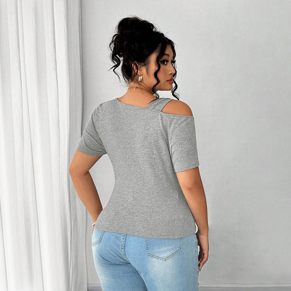 2025 Summer New Large Womens Fashion Simple T-shirt Twisted Design Irregular Short Top