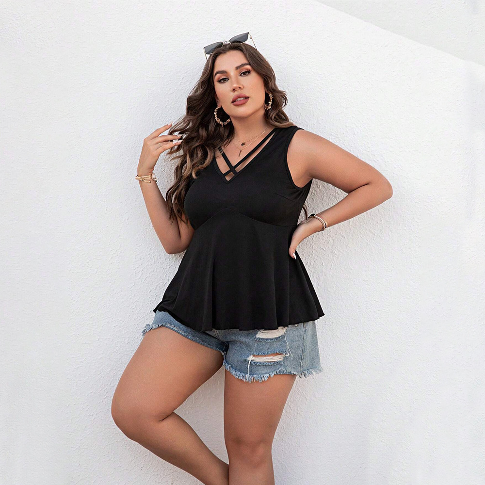 Plus Size Womens Simple Casual Style V-neck T-shirt Summer Versatile Sleeveless Top