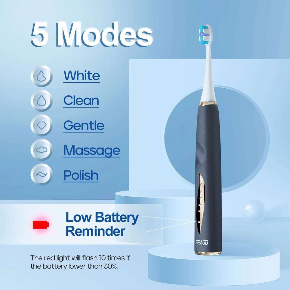 Seago Sonic Electric Toothbrush Seamless Touch Control Button Pressure Sensor 5 Modes IPX7 Waterproof Rechargeable