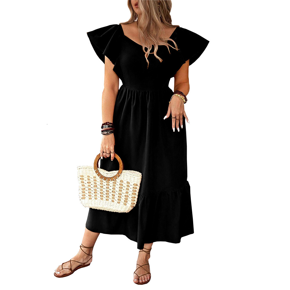 Spring Black Temperament French Knee Length Skirt with Ruffled Edges Short Sleeved Square Neck Slim Fit Backless Dress