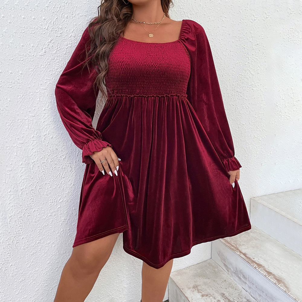 Plus Size Womens Square Neck Elegant Style Dress Autumn and Winter High Waisted Pleated Wine Red Mid Skirt