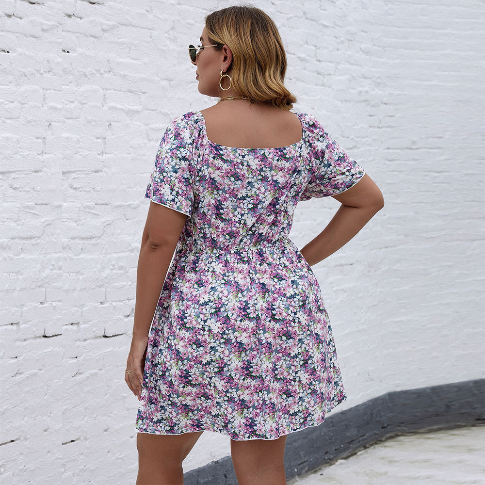 Summer Plus Size Womens Sexy V-neck Waist Cinched Short Sleeved Printed Dress