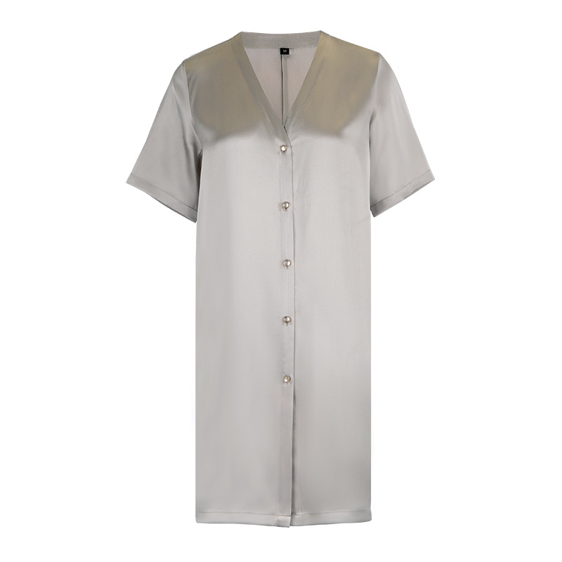 H1115 Large size silk nightdress for women summer 100% mulberry silk collarless shirt dress home loose pajamas