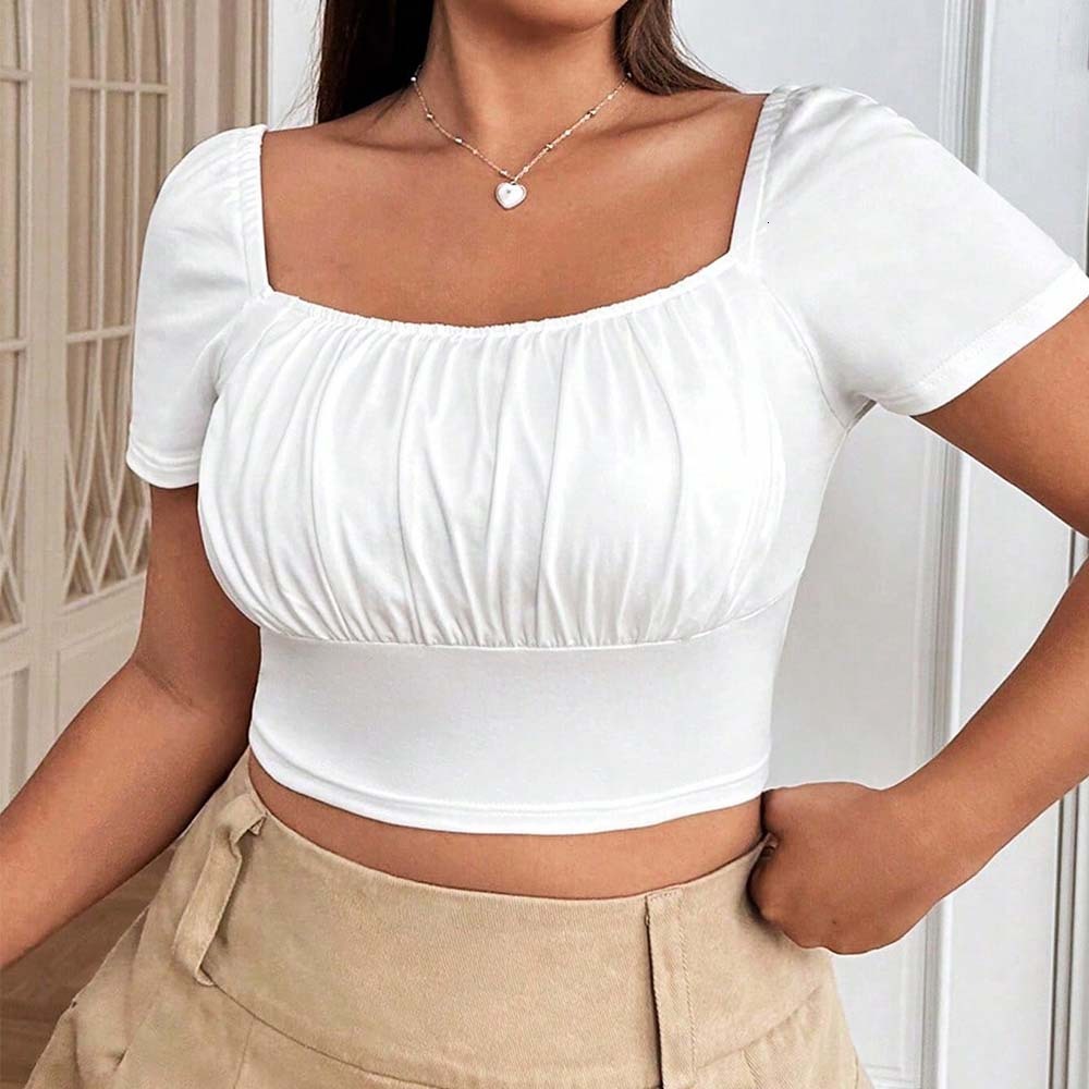 Plus Size Womens Elegant Style Square Neck T-shirt Summer New Slim Fit Solid Color Short Top