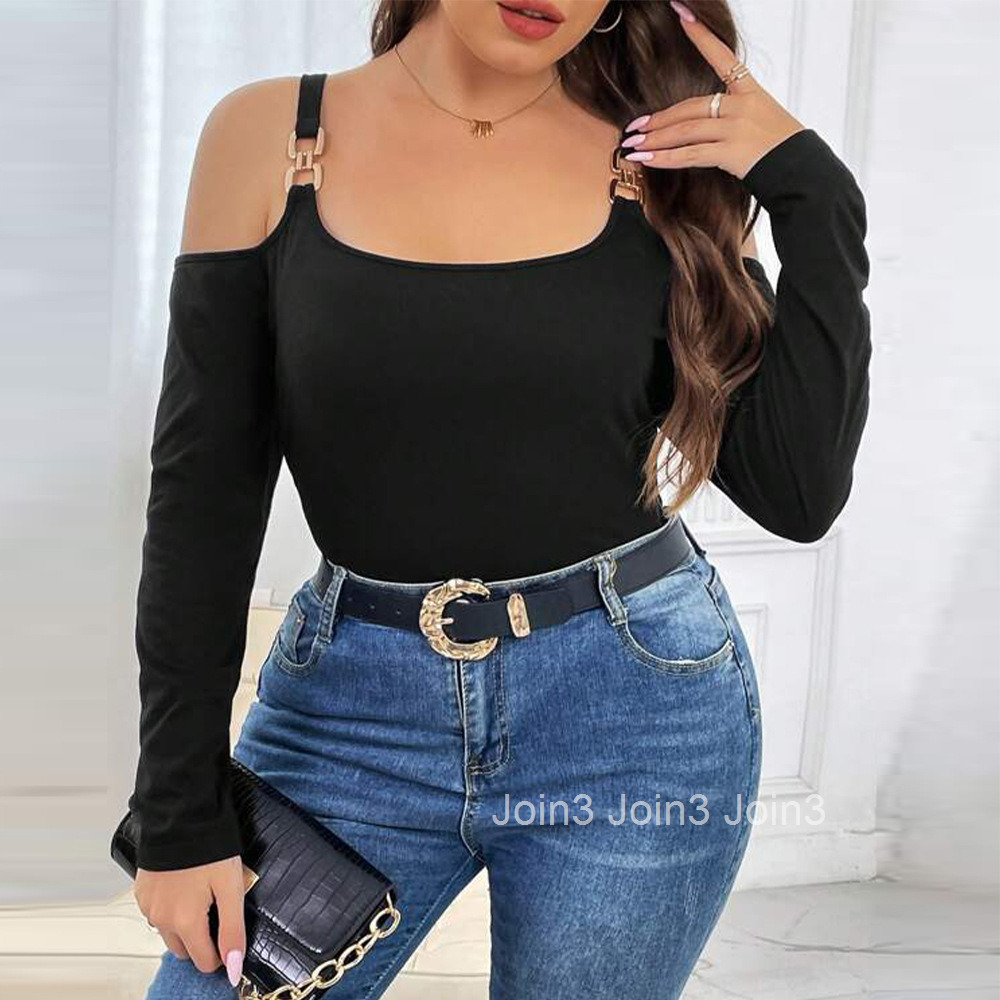 Large Womens Autumn and Winter New Slim Fit Style Sexy Off Shoulder Waffle Long Sleeve T-shirt Top