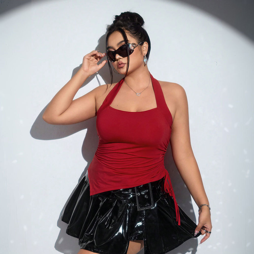 Plus Size Womens Sweet and Spicy Style T-shirt for Spring and Summer Sexy Hanging Neck Sleeveless Top