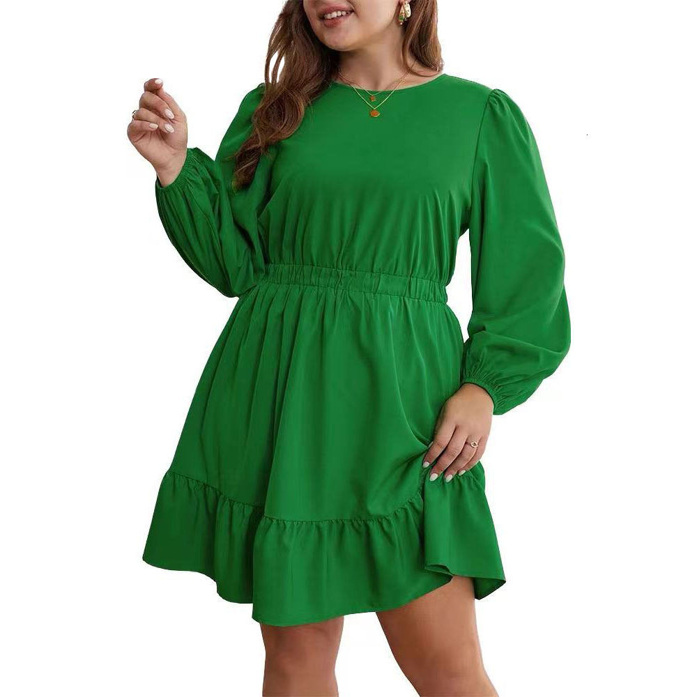Large Size Womens Autumn and Winter Ruffle Edge Waist Cinched High Skirt Round Neck Long Sleeved Temperament Dress