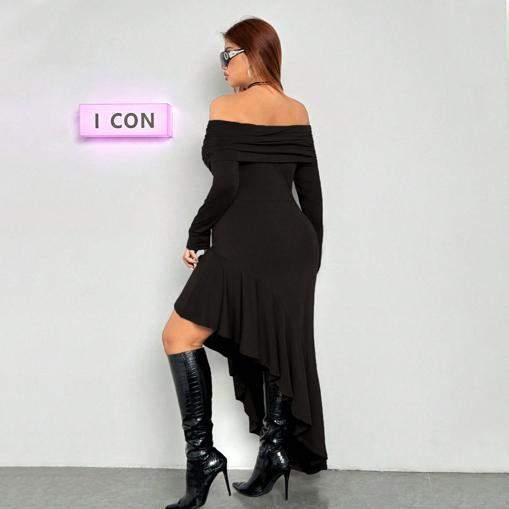Plus Size Womens Elegant Dress Autumn and Winter One Neck Black Fungus Edge Mid Length Skirt
