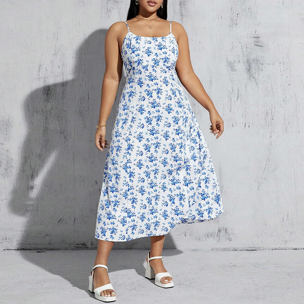Large Size Womens Fresh Style Collarless Dress Summer New High Waisted Pullover A-line Suspender Dress