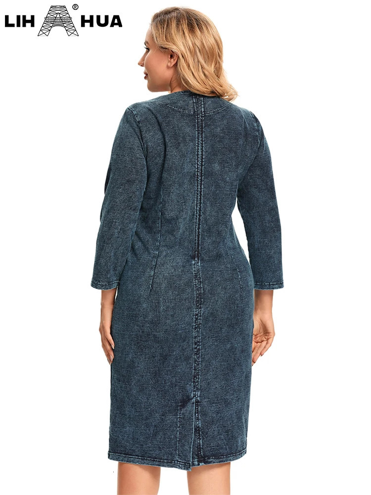 LIH HUA Womens Plus Size Denim Dress Fall Casual Fashion High Stretch Cotton Knit Dress with Pockets 250515